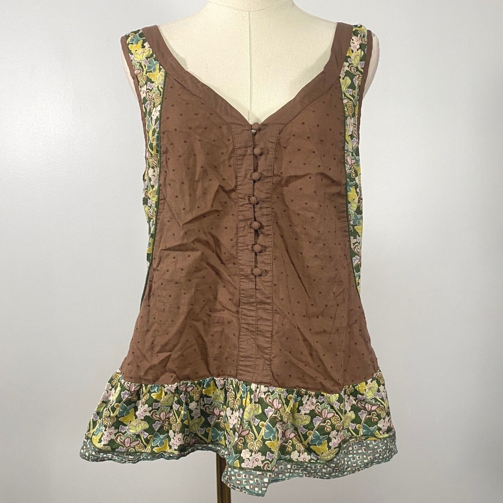 Vintage Y2K Fei L 100% Cotton Brown Green Boho Floral Swiss Dot Button Up Tank